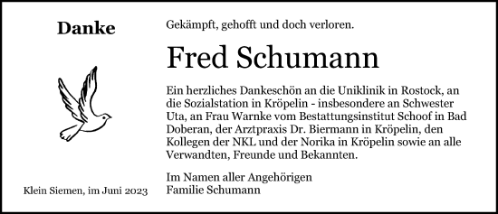 Traueranzeige von Fred Schumann von Ostsee-Zeitung GmbH