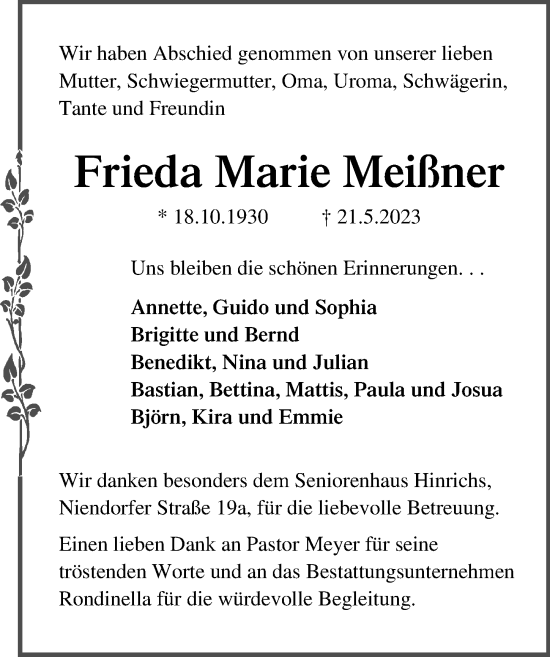 Traueranzeige von Frieda Marie Meißner von Lübecker Nachrichten