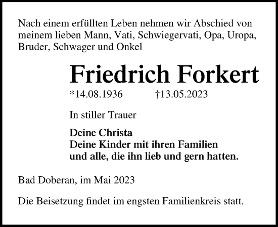 Traueranzeige von Friedrich Forkert von Ostsee-Zeitung GmbH