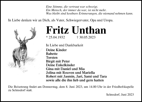 Traueranzeige von Fritz Unthan von Ostsee-Zeitung GmbH