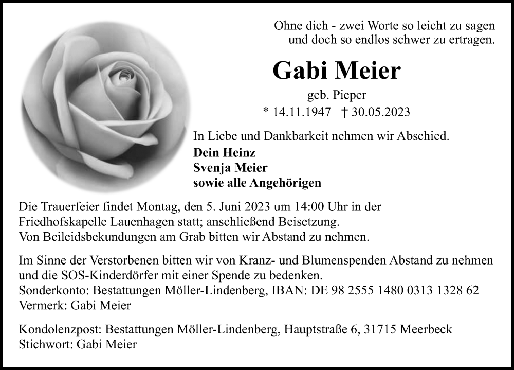  Traueranzeige für Gabi Meier vom 01.06.2023 aus Schaumburger Nachrichten