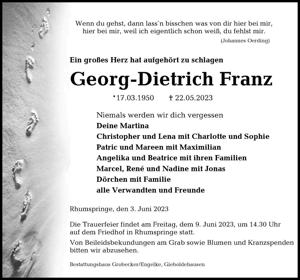  Traueranzeige für Georg-Dietrich Franz vom 03.06.2023 aus Eichsfelder Tageblatt