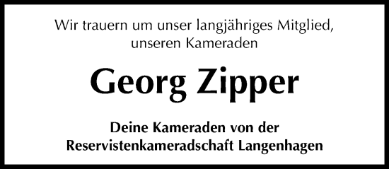 Traueranzeige von Georg Zipper von Hannoversche Allgemeine Zeitung/Neue Presse