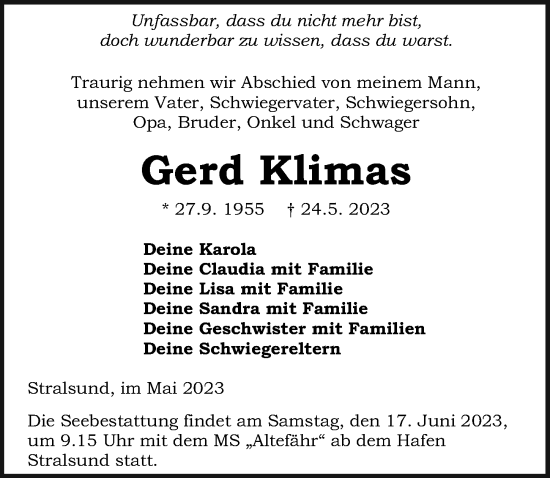 Traueranzeige von Gerd Klimas von Ostsee-Zeitung GmbH