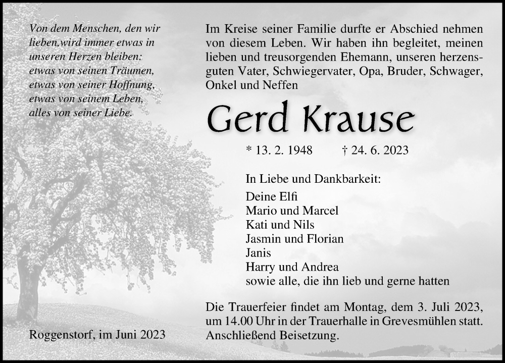  Traueranzeige für Gerd Krause vom 28.06.2023 aus Ostsee-Zeitung GmbH