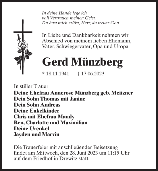 Traueranzeige von Gerd Münzberg von Märkischen Allgemeine Zeitung