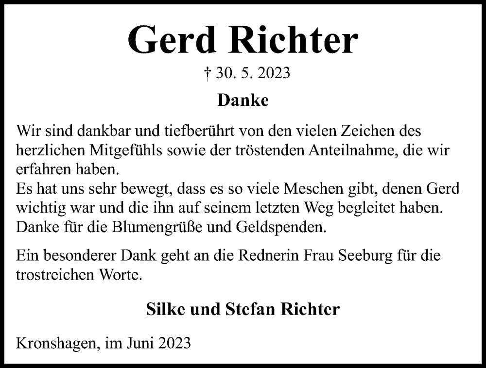  Traueranzeige für Gerd Richter vom 24.06.2023 aus Kieler Nachrichten