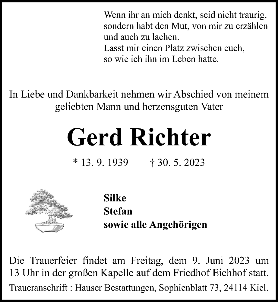  Traueranzeige für Gerd Richter vom 03.06.2023 aus Kieler Nachrichten