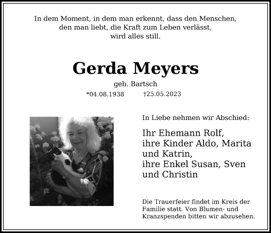 Traueranzeige von Gerda Meyers von Ostsee-Zeitung GmbH