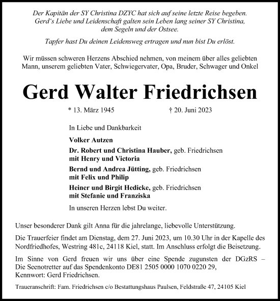 Traueranzeige von Gerd Walter Friedrichsen von Kieler Nachrichten