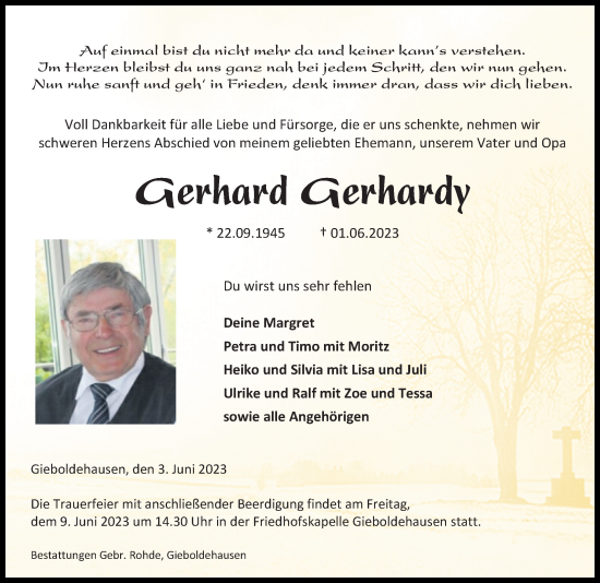 Traueranzeige von Gerhard Gerhardy von Göttinger Tageblatt