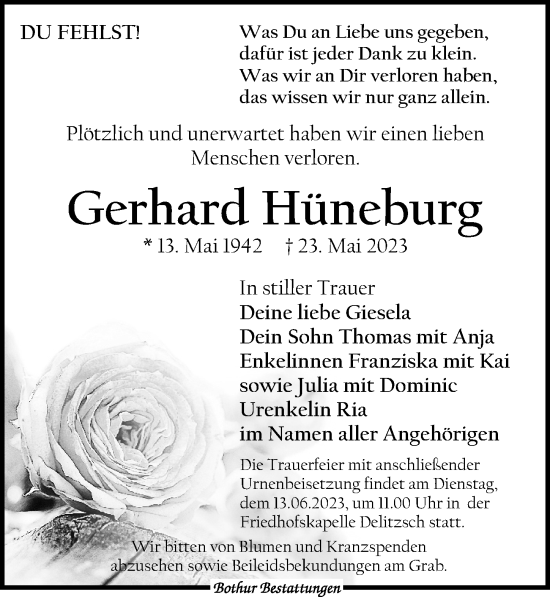 Traueranzeige von Gerhard Hüneburg von Leipziger Volkszeitung