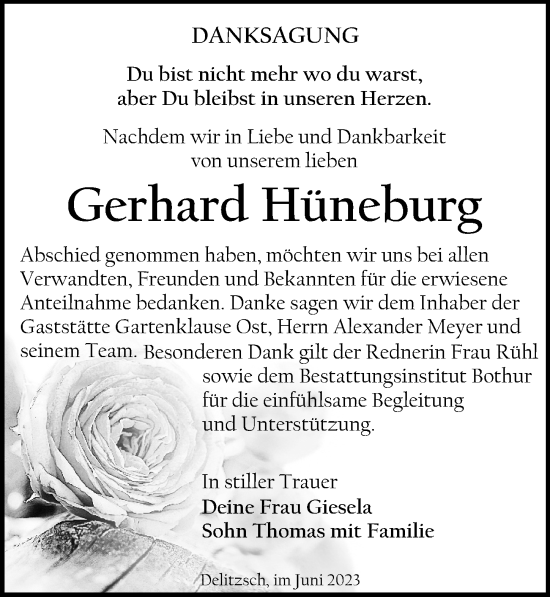 Traueranzeige von Gerhard Hüneburg von Leipziger Volkszeitung