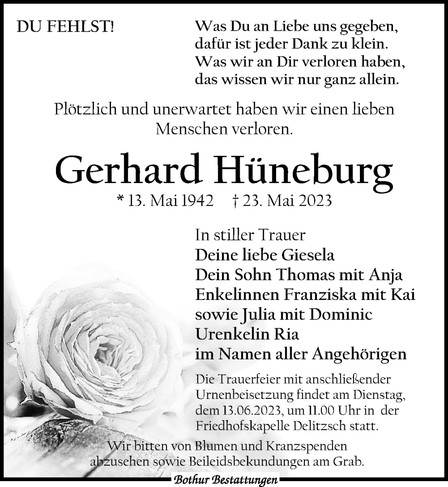  Traueranzeige für Gerhard Hüneburg vom 03.06.2023 aus Leipziger Volkszeitung