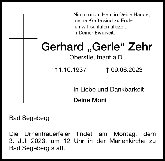 Traueranzeige von Gerhard Zehr von Kieler Nachrichten