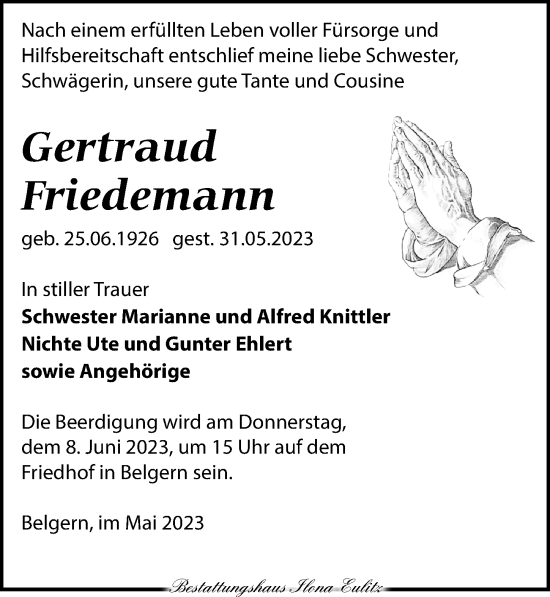 Traueranzeige von Gertraud Friedemann von Torgauer Zeitung
