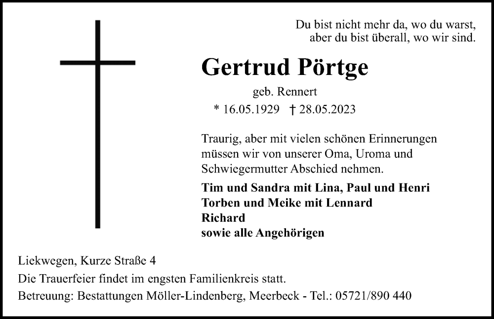  Traueranzeige für Gertrud Pörtge vom 03.06.2023 aus Schaumburger Nachrichten