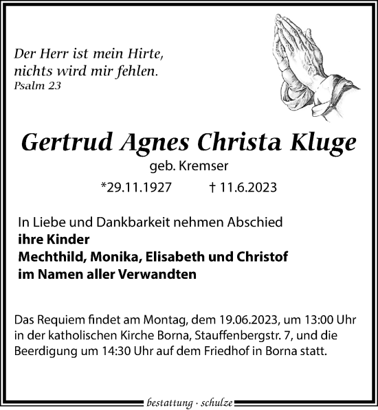 Traueranzeige von Gertrud Agnes Christa  Kluge von Leipziger Volkszeitung