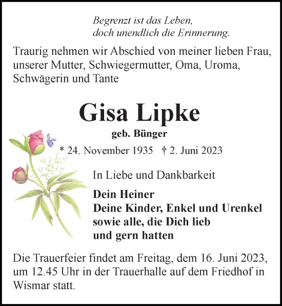 Traueranzeige von Gisa Lipke von Ostsee-Zeitung GmbH