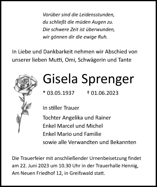 Traueranzeige von Gisela Sprenger von Ostsee-Zeitung GmbH