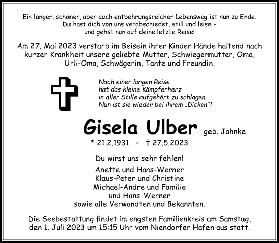 Traueranzeige von Gisela Ulber von Lübecker Nachrichten
