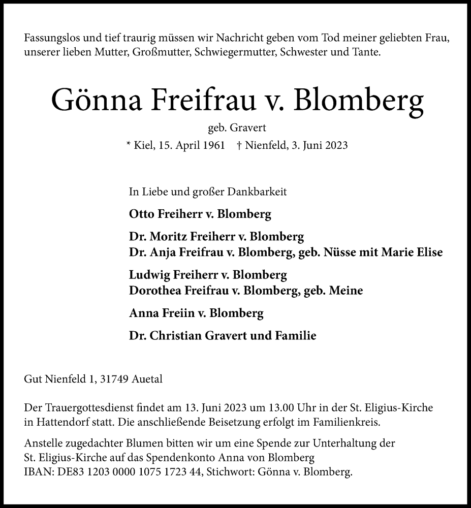  Traueranzeige für Gönna Freifrau v. Blomberg vom 10.06.2023 aus Schaumburger Nachrichten