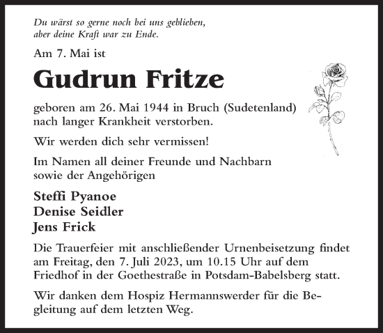 Traueranzeige von Gudrun Fritze von Märkischen Allgemeine Zeitung