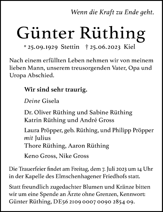 Traueranzeige von Günter Rüthing von Kieler Nachrichten