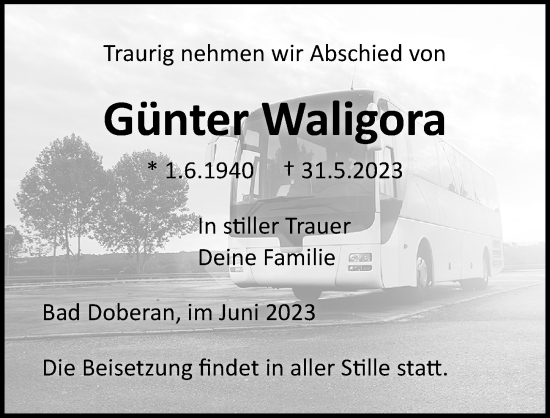 Traueranzeige von Günter Waligora von Ostsee-Zeitung GmbH