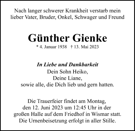 Traueranzeige von Günther Gienke von Ostsee-Zeitung GmbH
