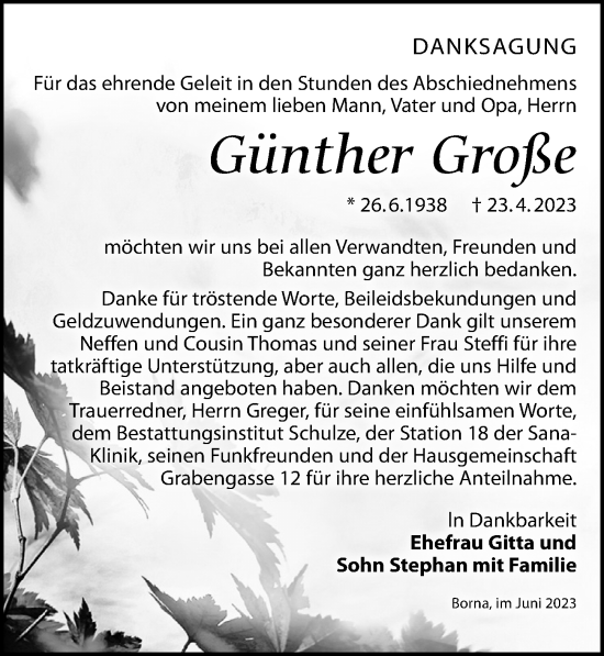 Traueranzeige von Günther Große von Leipziger Volkszeitung