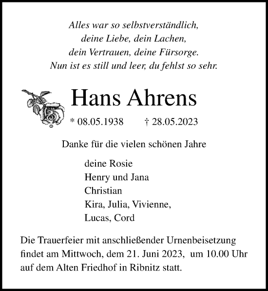 Traueranzeige von Hans Ahrens von Ostsee-Zeitung GmbH