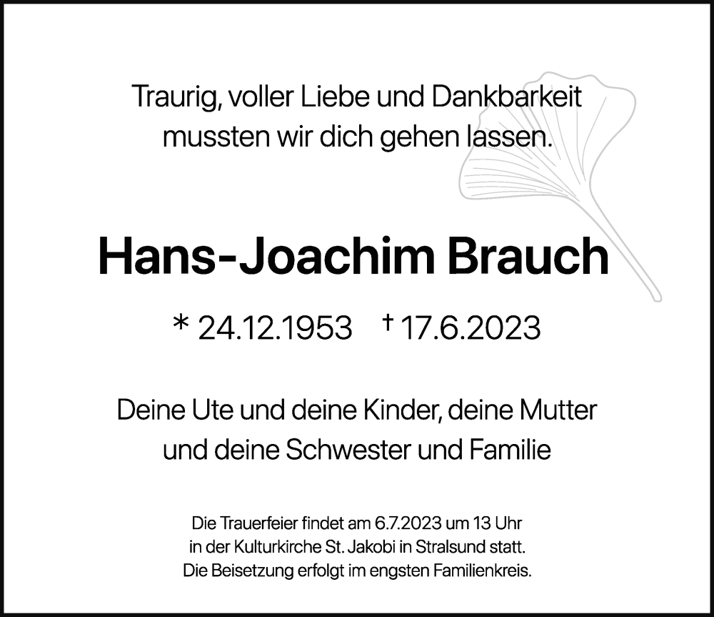  Traueranzeige für Hans-Joachim Brauch vom 24.06.2023 aus Ostsee-Zeitung GmbH