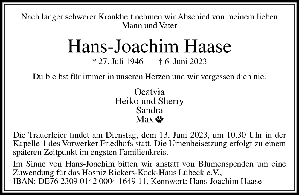  Traueranzeige für Hans-Joachim Haase vom 11.06.2023 aus Lübecker Nachrichten