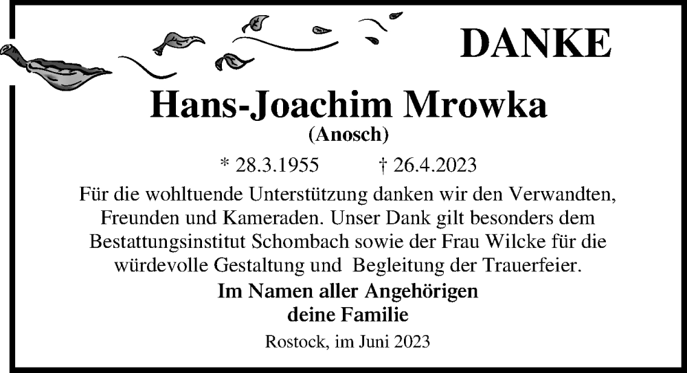  Traueranzeige für Hans-Joachim Mrowka vom 24.06.2023 aus Ostsee-Zeitung GmbH