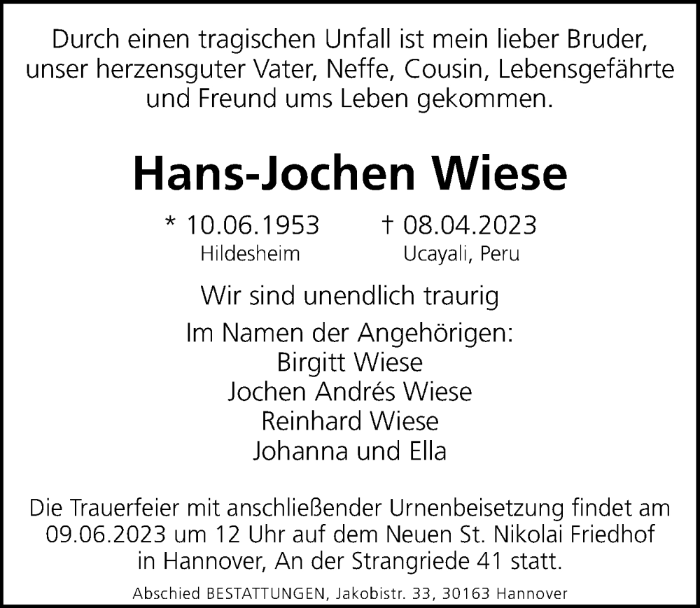  Traueranzeige für Hans-Jochen Wiese vom 03.06.2023 aus Hannoversche Allgemeine Zeitung/Neue Presse