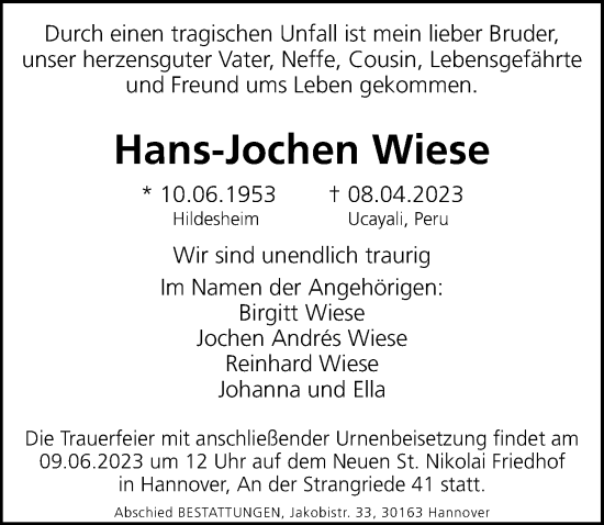 Traueranzeige von Hans-Jochen Wiese von Hannoversche Allgemeine Zeitung/Neue Presse