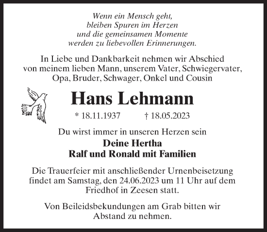 Traueranzeige von Hans Lehmann von Märkischen Allgemeine Zeitung