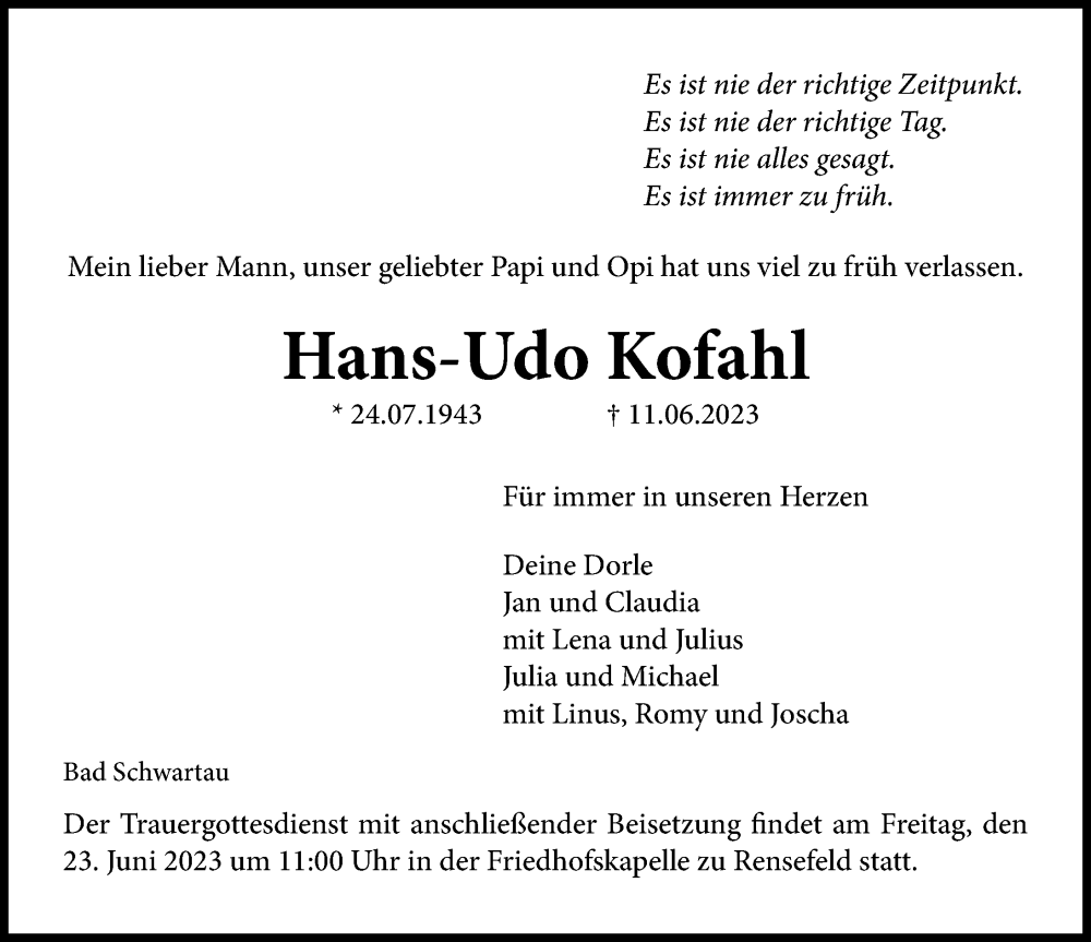  Traueranzeige für Hans-Udo Kofahl vom 18.06.2023 aus Lübecker Nachrichten