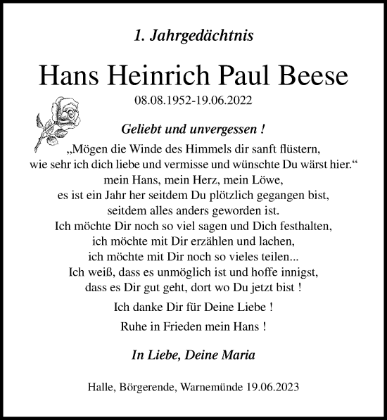 Traueranzeige von Hans Heinrich Paul Beese von Ostsee-Zeitung GmbH