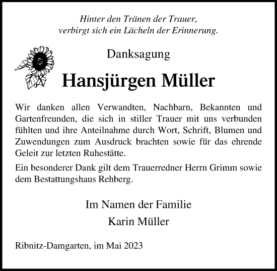 Traueranzeige von Hansjürgen Müller von Ostsee-Zeitung GmbH