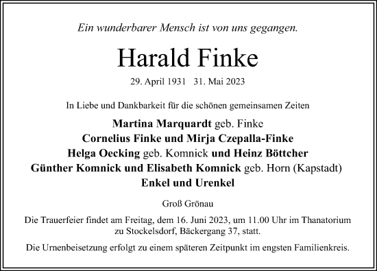 Traueranzeige von Harald Finke von Lübecker Nachrichten