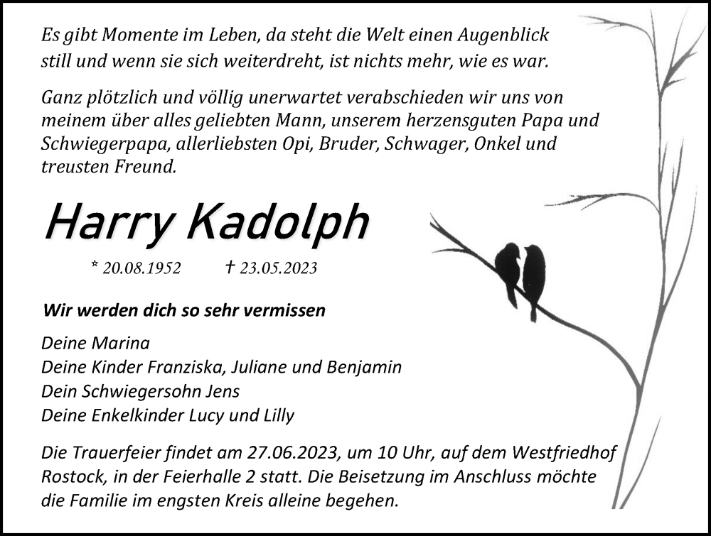  Traueranzeige für Harry Kadolph vom 03.06.2023 aus Ostsee-Zeitung GmbH
