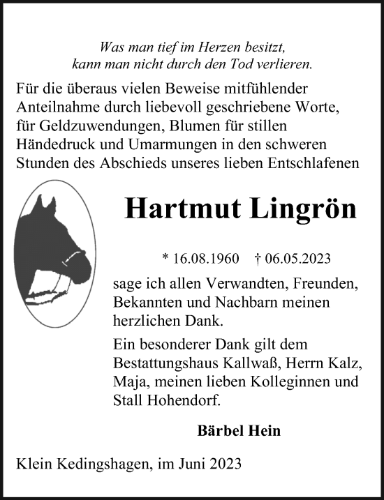 Traueranzeige von Hartmut Lingrön von Ostsee-Zeitung GmbH