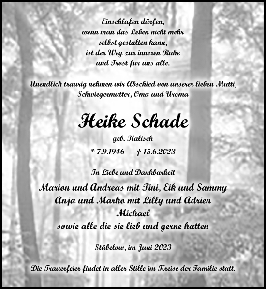 Traueranzeige von Heike Schade von Ostsee-Zeitung GmbH