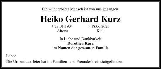 Traueranzeige von Heiko Gerhard Kurz von Kieler Nachrichten