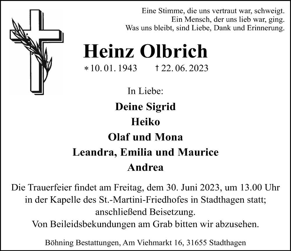 Traueranzeigen von Heinz Olbrich | trauer-anzeigen.de