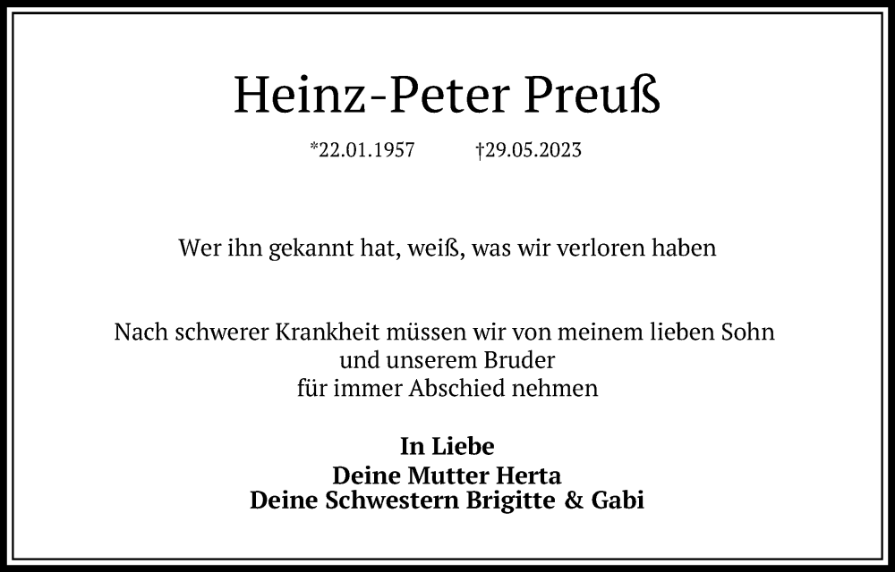  Traueranzeige für Heinz-Peter Preuß vom 04.06.2023 aus Lübecker Nachrichten