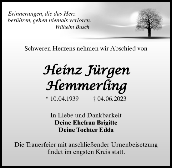 Traueranzeige von Heinz Jürgen Hemmerling