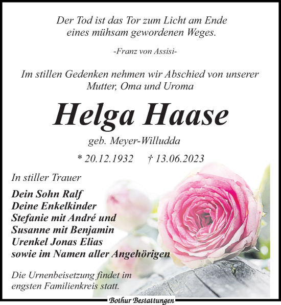 Traueranzeige von Helga Haase von Leipziger Volkszeitung